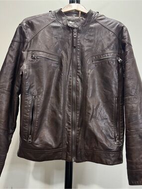 VTG Calvin Klein Leather Bomber Jacket Men's Medium Brown Insulated Lined Biker